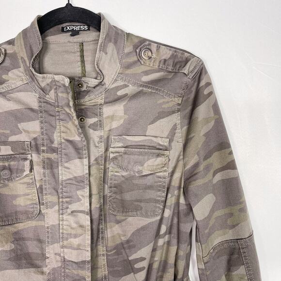 Express Womens Small S Camo Zip Front Jacket Green Cotton Cinch Waist Zip Cuff - Picture 3 of 13